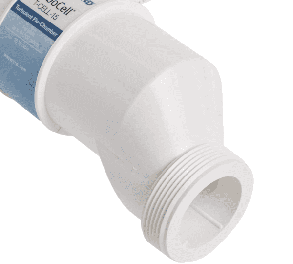 Close-up of a Hayward W3T-CELL-15 TurboCell Salt Chlorination Cell for In-Ground Swimming Pools up to 40,000 Gallons with threaded connection and blue label.